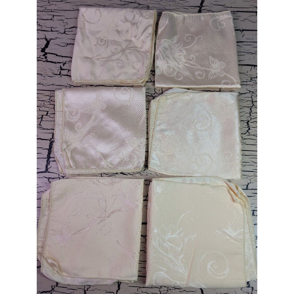 6 VTG Linen Napkin Set Damask Floral Yellow Spring Summer Shabby Chic Butterfly